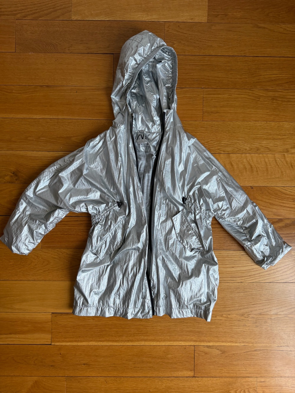 Zara Metallic Silver Hooded Windbreaker Jacket